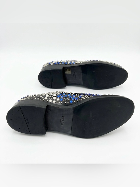 Prada Crystal Stud Embellished Derby Shoes Black Leather US 10.5
